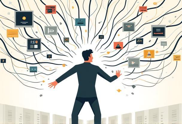 Illustration representing an artist navigating complex media channels